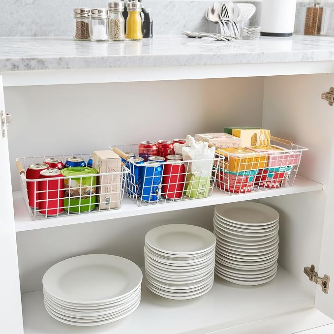 LeleCAT white wire baskets for organizing with Wooden Handles Storage Organizer Baskets, Household snack basket for Cabinets, Pantry, Closets, Bedrooms, pantry organizers and storage - Set of 2（White） - Image 4