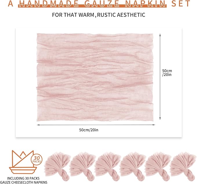 Teruntrue 30 Pack Pink Cloth Napkins Cheesecloth Napkins Set of 30 Gauze Napkins Bulk Washable Boho Dinner Table Napkins Wedding Party Baby Shower Birthday Party Decorations，20 x 20 Inch - Image 2