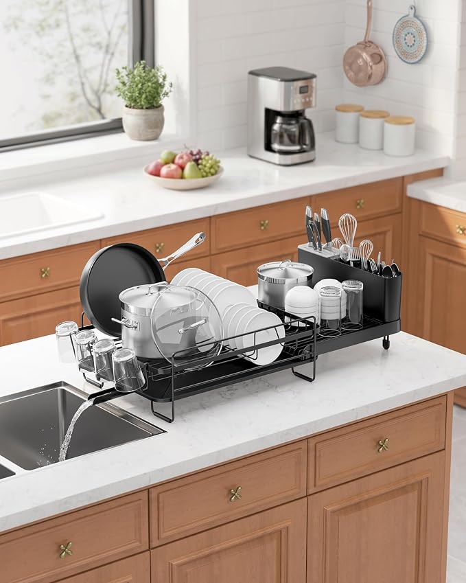 Kitsure Extendable Dish Drying Rack, 19.2"-26.7" L x 12.9" W, Black | Large Dish Rack, Multifunctional Dish Rack for Kitchen Counter, Anti-Rust Dish Drainers with Cutlery & Cup Holders - Image 3