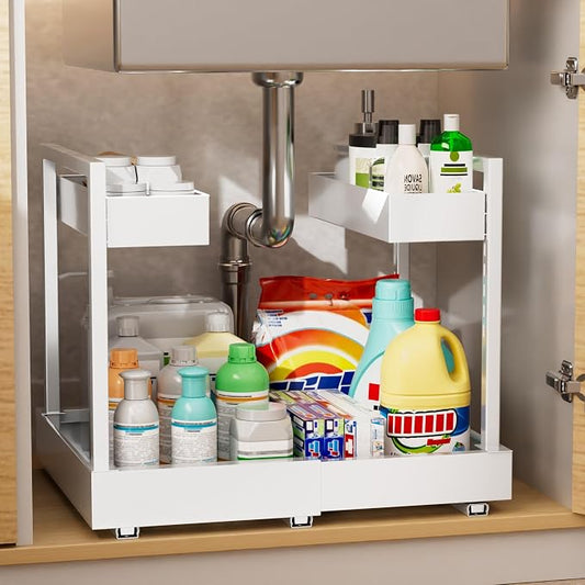 NEWMATIC Adjustable Under Sink Organizer Pull Out Drawers, 2-Tier Slide Out Cabinet Storage Shelf for Kitchen Sink, Height & Width Extendable White, 15''D x 13''-20.5''W x 15''H(1Pack) by Unknown