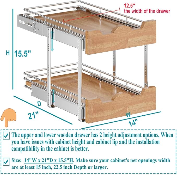 OCG Pull Out Cabinet Organizer 14" W x 21" D, 2 Tier Slide Out Shelf, Heavy-Duty Pull Out Drawer for Cabinets, Base Cabinet Organization for Kitchen, Pantry, Bathroom - Image 2