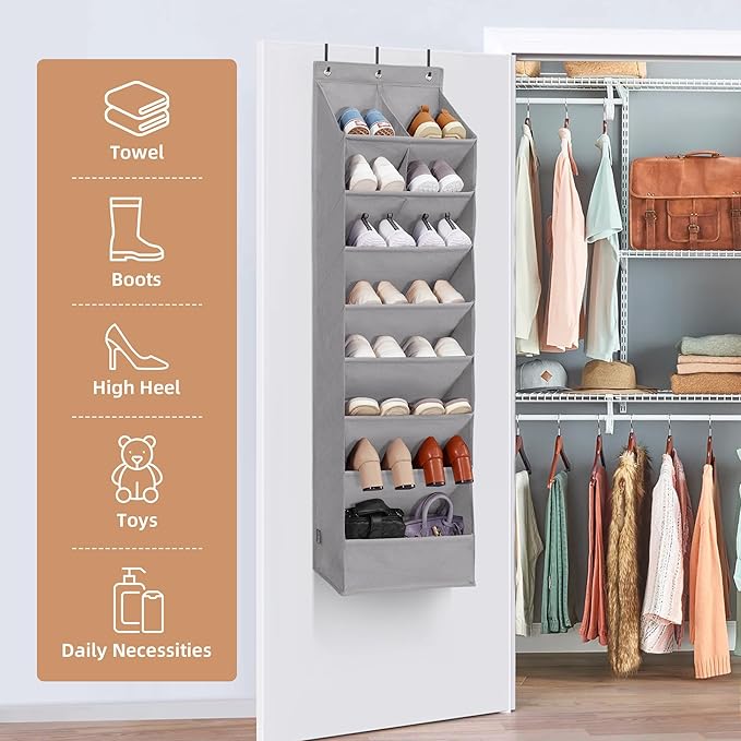 STORAGE MANIAC Over the Door Shoe Organizer Heavy-Duty Large Deep Pocket Hanging Shoe Organizer Shoe Rack Door Closet Shoe Organizer for Wall, Dorm & Narrow Door Storage Shoe Holder Grey, 2 Pack - Image 5
