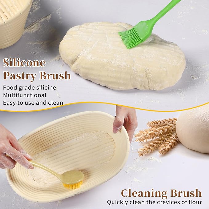 Banneton Bread Proofing Basket Set, 11 Inch Sourdough Proofing Basket and Bread Baking Supplies-Bread Lame, Danish Whisk, Bowl & Dough Scraper, Brush, (Rattan, 10in Round +10in Oval+1 Set Jar Kit) - Image 8
