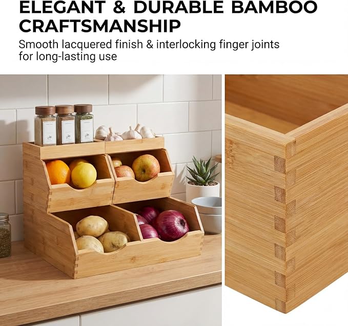 Bamboo Pantry Storage Bins Set 5 Pieces - Stackable Baskets, Potato and Onion Storage, Bamboo Wood Storage Bins for Pantry Baskets Organization and Storage, Kitchen Essential - Image 5