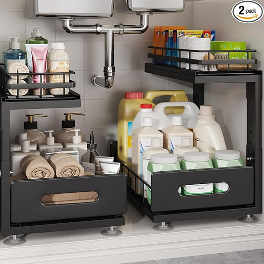 Under Sink Organizer Upgrade To Professional Rails,2-Tier Dual Pull Out Cabinet Storage,Height Adjustable Slide Out Drawers For Bathroom Kitchen,2 Pack-14.5" Dx12.8-16.9" H,Black by UnderSinkOrganizer