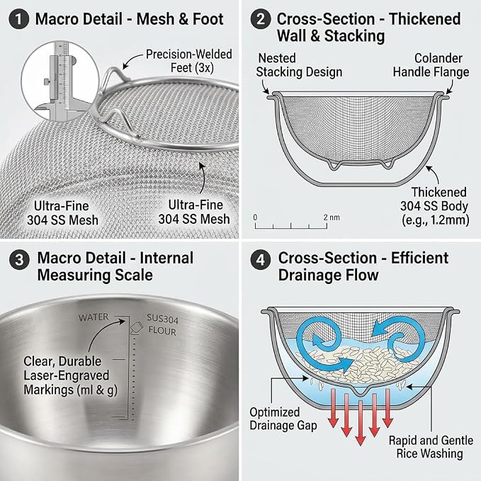18/8 Stainless Steel Bowl and Colander Set, 6-Piece, Nesting | 3 nesting mixing bowls with measurement marks and 3 fine 30-mesh strainers for rice,vegetables, pasta, baking, and food prep - Image 9