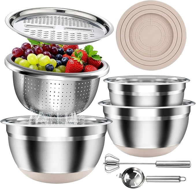 Stainless Steel Mixing Bowls Set with Lids & Silicone Base - 7-Piece Kitchen Gadgets Includes Colander, Grater, Egg Separator, Whisk - Nesting Bowls (1.5, 2, 2.5, 4.5 QT), Dishwasher Safe, Khaki by ENVTEK