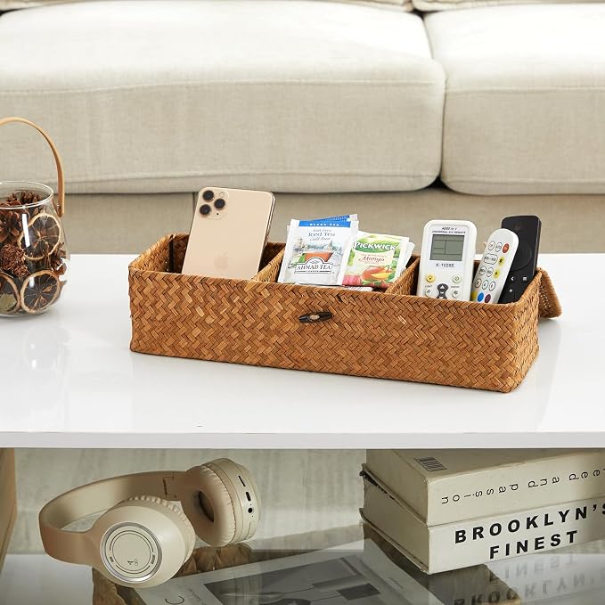 Nonam Seagrass Storage Small Basket with Lid - 3-Section Divided Organizer for Tea,Sugar,Coffee,Tampons - Woven Shelf Bin for Closet, Toilet Tank - Rectangular Narrow Boho Basket Home Decor - Image 8