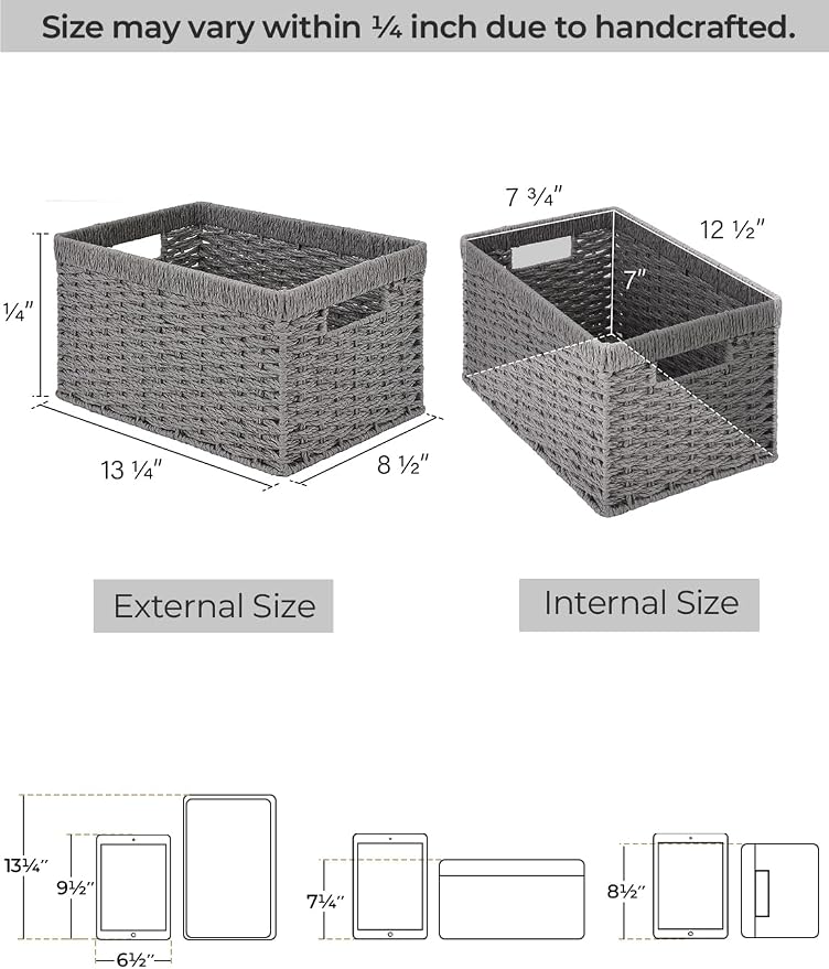 StorageWorks Wicker Storage Baskets, Gray Baskets for Storage, 2-Pack | Paper Rope Wicker Storage Baskets for Shelves, Rectangular Wicker Baskets with Handles, Handwoven Grey Baskets, Woven Baskets - Image 2