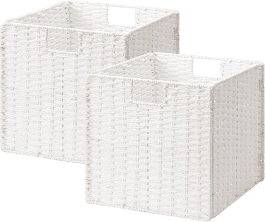 StorageWorks 13 inch Wicker Storage Baskets, White Wicker Baskets, Foldable | 2-Pack,Handwoven Baskets for Organizing,Paper Rope Square Storage Cubes,Organizer Baskets,Wicker Storage Cubes,Square Baskets by StorageWorks