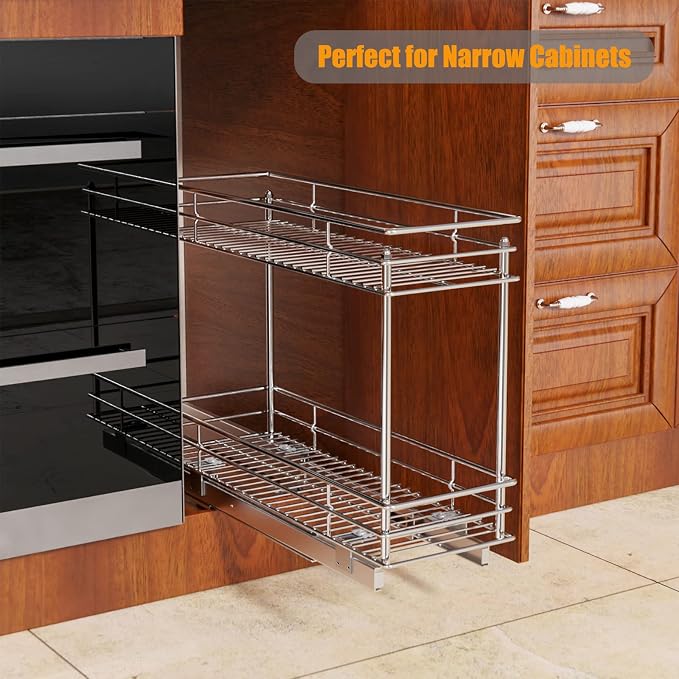 ROOMTEC Pull Out Cabinet Organizer for Narrow Cabinet (5" W X 21" D), Kitchen Cabinet Organizer and Storage 2-Tier Cabinet Pull Out Shelves Under Cabinet Storage for Kitchen, Chrome - Image 5