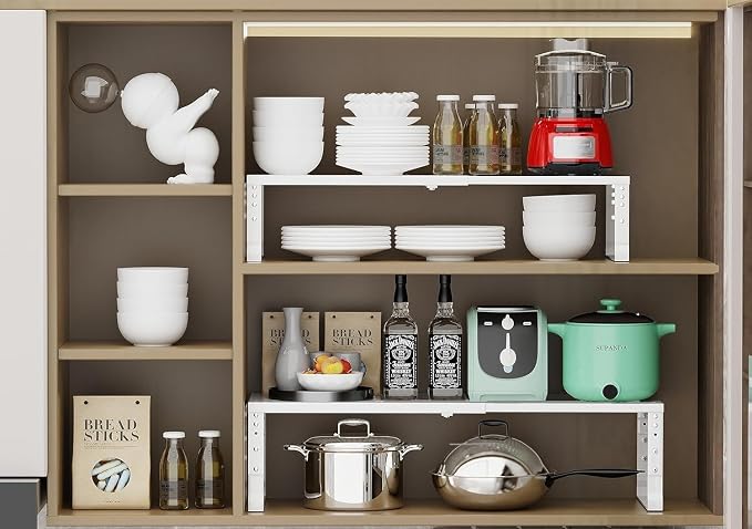 Jojocross Expandable Cabinet Shelf Organizer Storage Spice Rack Shelves for Kitchen Stackable Adjustable Pantry Cupboard Bathroom Countertop Desktop(2Packs/White/Large) - Image 3