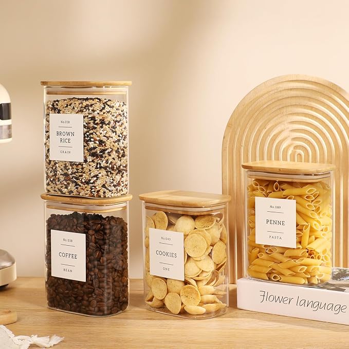 4 Pack Square Glass Pantry Storage Containers with 132 Kitchen Food Pantry Labels - 34 floz Clear Glass Pantry Jars with Airtight Wood Bamboo Lids - Glass Canisters for Tea, Cereal, Coffee, Spice - Image 7