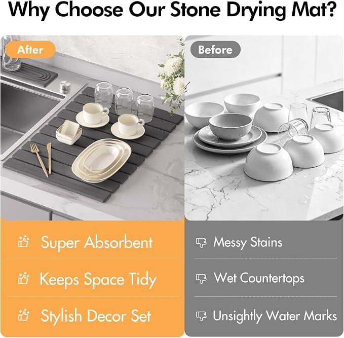 4 Pcs Stone Dish Drying Mat for Kitchen Counter, 24''x16'' Super Absorbent Diatomaceous Earth Stone Drying Mat Faucet Mat with 2 Coasters, Quick Dry Mat for Kitchen Counter Dishes Cups - Image 8