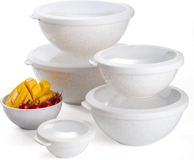 COOK WITH COLOR Mixing Bowls with TPR Lids - 12 Piece Plastic Nesting Bowls Set includes 6 Prep Bowls and 6 Lids, Microwave Safe Mixing Bowl Set (Speckled White) - Image 8