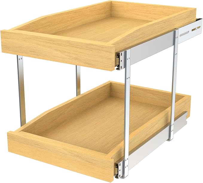 2 Tier Pull Out Cabinet Organizer, 11"W x 21"D Solid Wood Heavy-Duty Base Bottom Assembly Slide out Drawer Shel Cabinet Organization for Kitchen, Pantry, Bathroom by Pulloutor