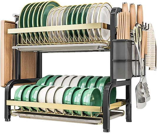CAKERS Dish Drying Rack with Removable Drain Tray|Carbon Steel Dish Strainers for Kitchen Counter|Tableware Holder Dinnerware Drainer Organizer,Black Gold,2 Tier-Main Shelf with Set by CAKERS