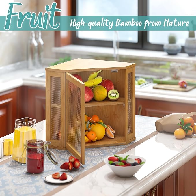Corner Bread Box, Bamboo Bread Box for Kitchen Countertop, 2 Tier Wooden Bread Storage (Natural, Medium) - Image 7