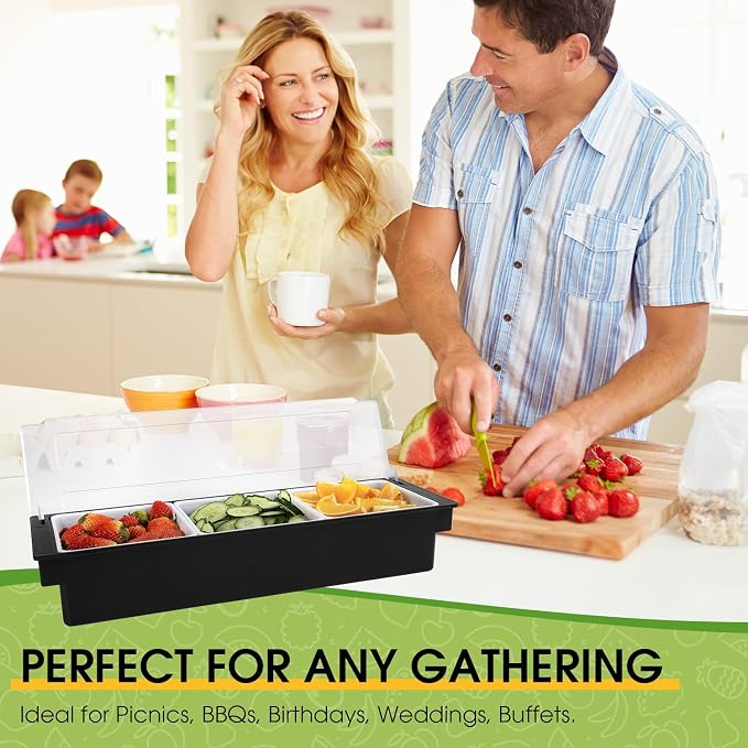 Ice Cooled Condiment Serving Container Fruit Veggie Condiment Caddy Plastic Garnish Station with Lid for Fruit,Ice Cream,Salad Bar-Topping Organizer for Restaurant Supplies (3 Compartments) | Ice chamber, keeps fruit & toppings chilled, 3 separate sect... - Image 6