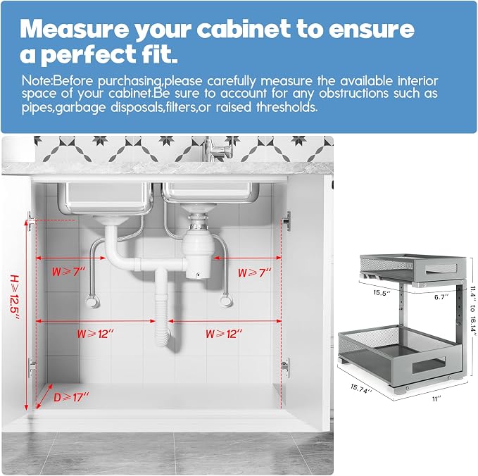 1 Pack-11.4"-16.14" H Under Sink Storage Organizer, Large 2-Tier Elegant Mesh Pull Out Shelf for Kitchen & Bathroom Cabinet Organization, L-Shaped, Adjustable Height-Gun Gray - Image 2