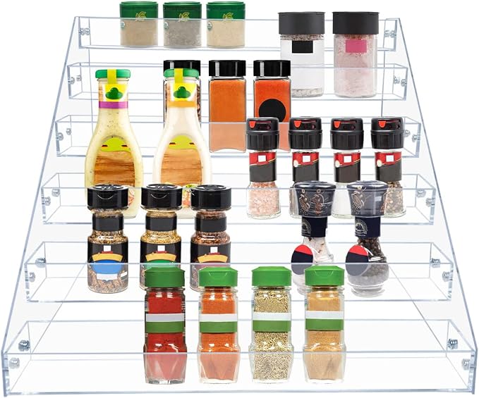 PMMASTO Tiered Spice Rack, Seasoning Organizer, Clear Acrylic Vertical Shelves Can Organizer for Countertop, Cabinet, Pantry, Kitchen Organization and Storage - 6 Tier by PMMASTO