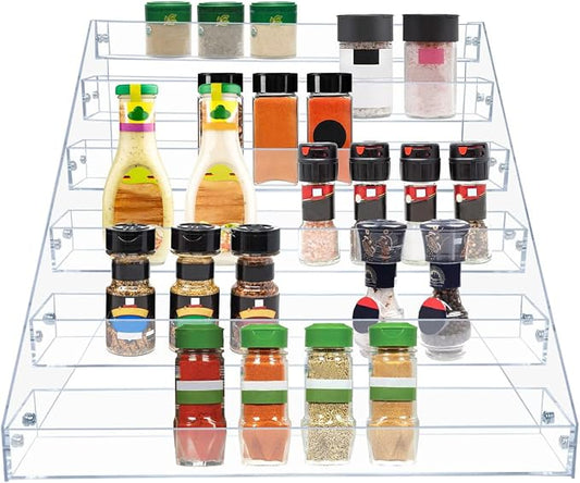 PMMASTO Tiered Spice Rack, Seasoning Organizer, Clear Acrylic Vertical Shelves Can Organizer for Countertop, Cabinet, Pantry, Kitchen Organization and Storage - 6 Tier by PMMASTO