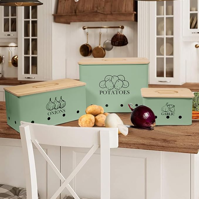 Kitchen Vegetable Storage Tins Set of 3 for Potato Onion & Garlic with Wooden Lid and Aerating Holes, Kitchen Storage Canisters Set, Vintage Kitchen Decor - Green - Image 6