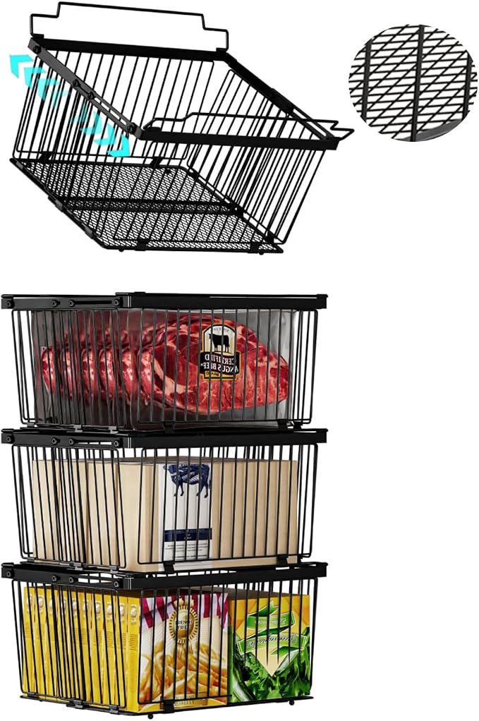 Large Freezer Organizer Bins for 5 to 9 Cu.Ft,Leak-Proof Bottom，4Pack | ANJUBANFreezer Organizer Bins, Stackable,expandable,foldable,With handle Wire Storage Container Baskets for Sort Frozen Meats by ANJUBAN