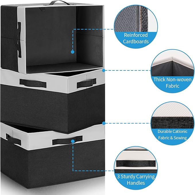 GhvyenntteS Large Storage Baskets for Shelves 6 Pack, Collapsible Fabric Storage Bins with 3 Handles, Decorative Closet Organizers and Storage bins for Clothes Blanket Beddings (Black, 15"x11"x9.6") - Image 4