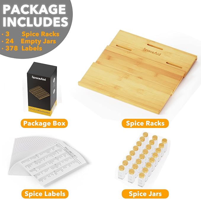 SpaceAid Bamboo Spice Drawer Organizer with 24 Spice Jars, 378 White Minimalist Spice Labels, 3 Tier Seasoning Rack Tray Insert for Kitchen Drawers, 15" Wide x 15" Deep x 2.6" Tall - Image 5