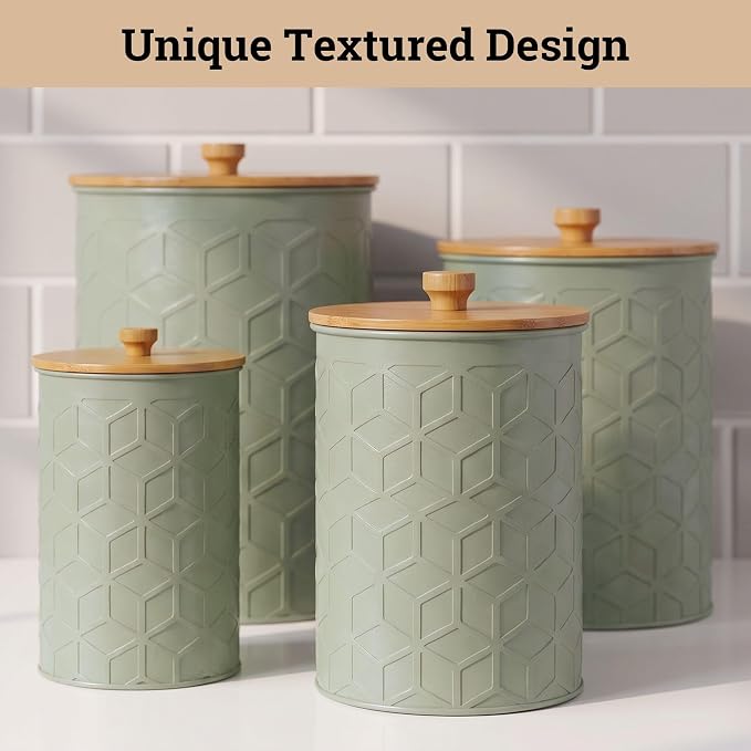Kitchen Canisters for Countertop Set of 4, Textured Iron w/ Airtight Lids | Airtight Easy Open Bamboo Lids - Dent-Resistant Thick Metal - Sturdy Comfortable Bamboo Handles - Raised Textured Pattern - Image 8