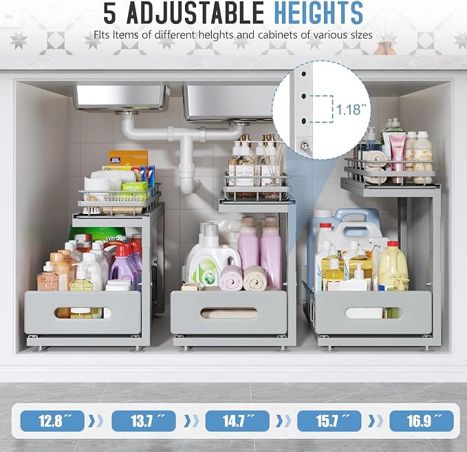 Under Sink Organizer Upgrade To Professional Rails,2-Tier Dual Pull Out Cabinet Storage,Height Adjustable Slide Out Drawers For Bathroom Kitchen,2 Pack-16.7"Dx12.8"-16.9"H,Gun Gray - Image 6