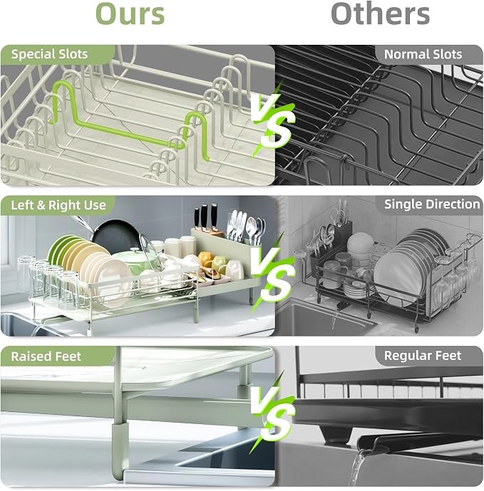 Urackify Extendable Dish Rack, 18.5"-26.7" L x 12.7" W, Soft Celery Green | Multifunctional large dish rack with cup holder and built-in cutlery holder for versatile drying needs - Image 6