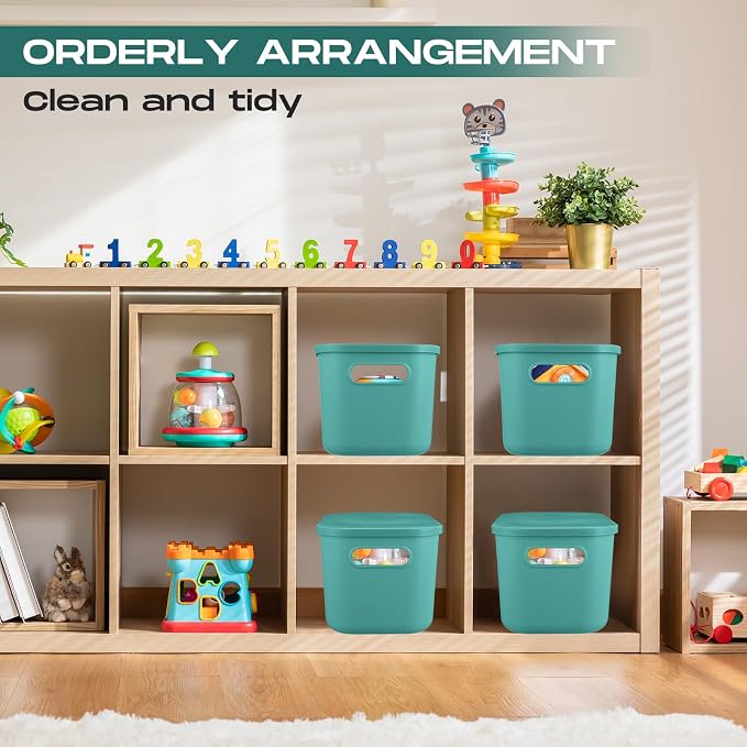 8 Pieces Colorful Storage Bins with Lid, Plastic Storage Basket Organizing Container Stackable Box with Handle for Shelves Desktop Playroom Office(16.1 x 12.0 x 9.7 Inch,Green) - Image 6