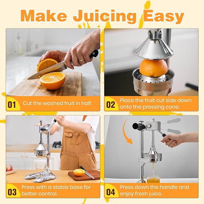 Stainless Steel Manual Citrus Juicer with Stable Countertop Base | Cast Iron Juicer, Hand Juice Squeezer, Gear-Drive Rotary Press for Oranges, Lemons, Pomegranates - Image 3