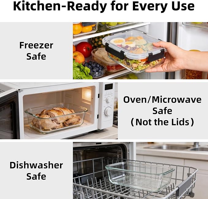 Konokyo Rectangular Glass Food Storage Containers with Lids, 24 Pack Airtight Leakproof Meal Prep Containers, BPA-Free, Microwave Oven Freezer & Dishwasher Safe, Assorted Sizes - Image 5