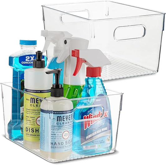 Plastic Food Storage 2 Pack Clear Container Bin with Handles for Organizing Kitchen, Pantry, Refrigerator, Freezer, Pantry, Cabinet, Closet, Bathroom. 10”x7.5”x5.3” by primebox