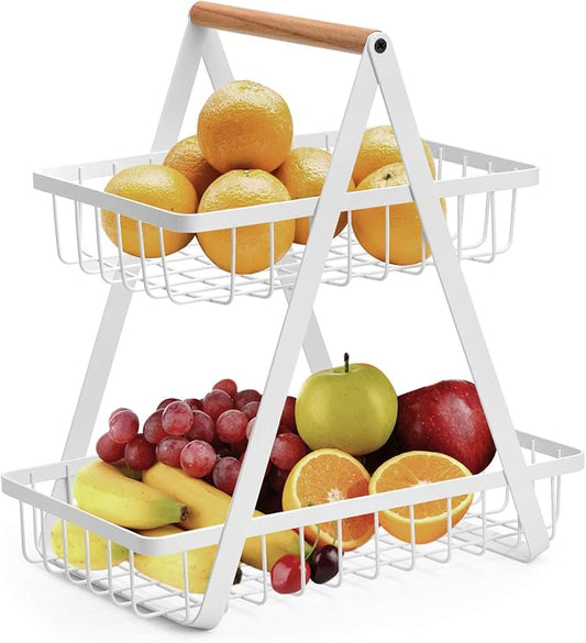 2-Tier Fruit Basket, Metal Fruit Bowl Bread Baskets Countertop Vegatable Storage Stand for Kitchen, White by Unknown