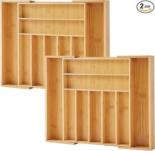 Purawood Bamboo Drawer Organizer, 2 Pack - Expandable Silverware Organizer & Utensil Organizer, Cutlery Tray with Dividers, 7-9 Slots- Premium Kitchen Organizer for Utensils & Flatware (Natural) by PURAWOOD
