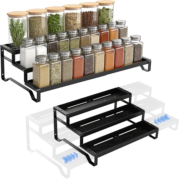 Expandable Spice Rack Organizer for Cabinet 3 Tier Spicy Shelf Black 1Pack | Adjustable Length 13"-21", Easy to See Labels, Sturdy Metal, Slip-Resistant Guardrails for Jars, Cabinet & Countertop Storage by SANKEUHomeStorage