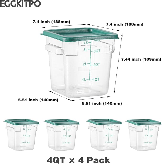 4 Pack 4 QT Food Storage Containers with Green Lids Hot Cold Resistant Stackable Square Commercial Container Set with Handle, Clear Scarle Home Party Business BPA-Free Polycarbonate - Image 4