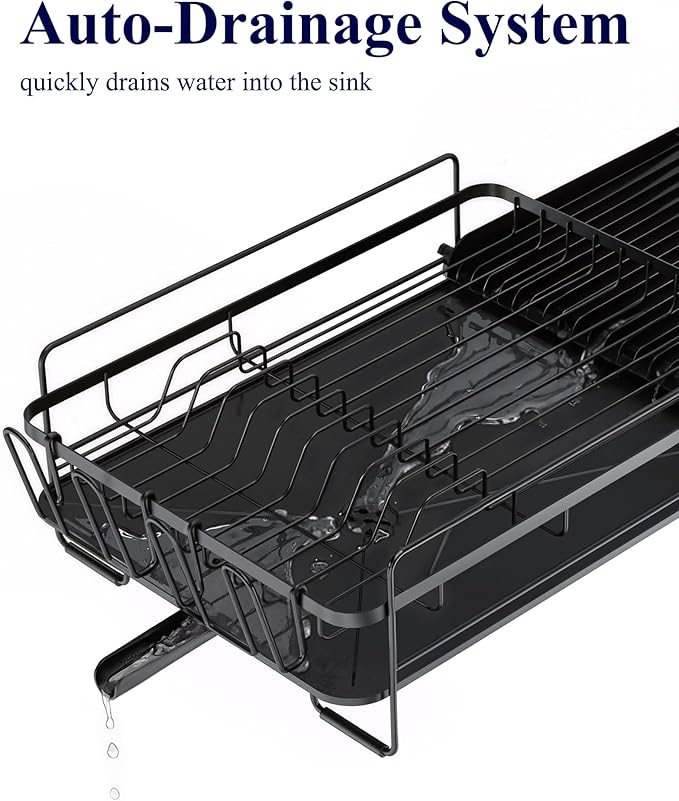 Kitsure Extendable Dish Drying Rack, 19.2"-26.7" L x 12.9" W, Black | Large Dish Rack, Multifunctional Dish Rack for Kitchen Counter, Anti-Rust Dish Drainers with Cutlery & Cup Holders - Image 6