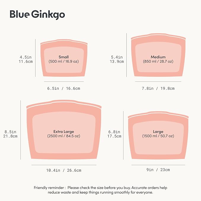 Blue Ginkgo Silicone Food Storage Bags, 4-Pack, Reusable, Made in Korea | Leakproof. Stand Up. Freezer and Dishwasher Safe. (Peach) - Image 3