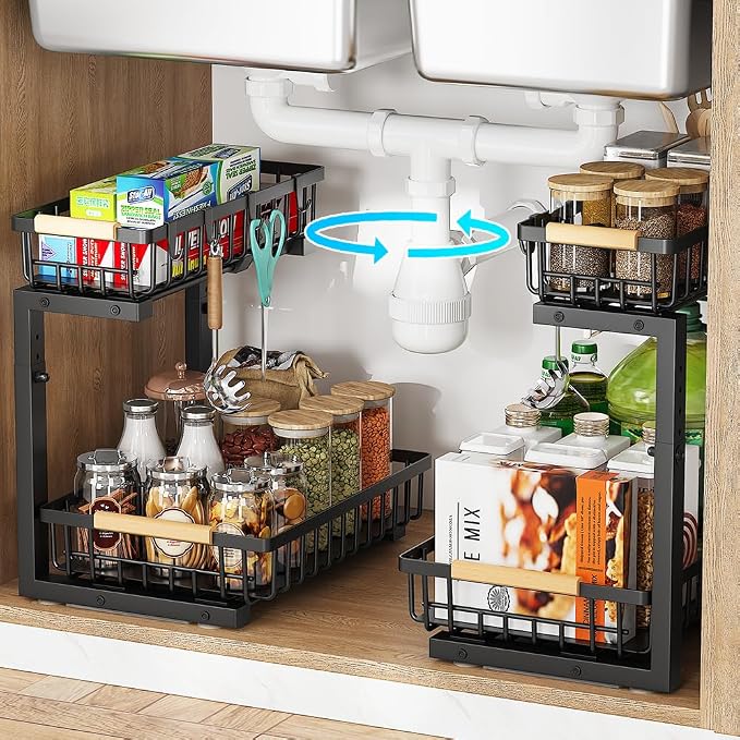 Under Sink Organizer, 2 Tier Metal Under Sink Organizers and Storage, 2 Pack Height Adjustable Slide out Pull out Cabinet Organizer Shelf for Kitchen Bathroom Pantry Cabinet - Image 6