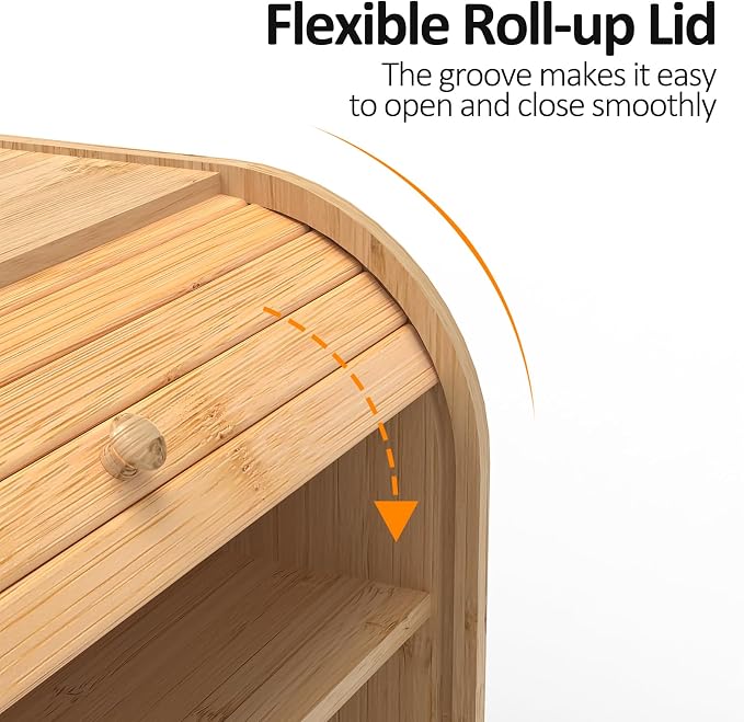 Bamboo Bread Box Roll Top for Kitchen Countertop Breadbox Storage | Roll Top Bread Box with Sliding Lid,Large Double Layer with Adjustable Middle Shelf - Image 4
