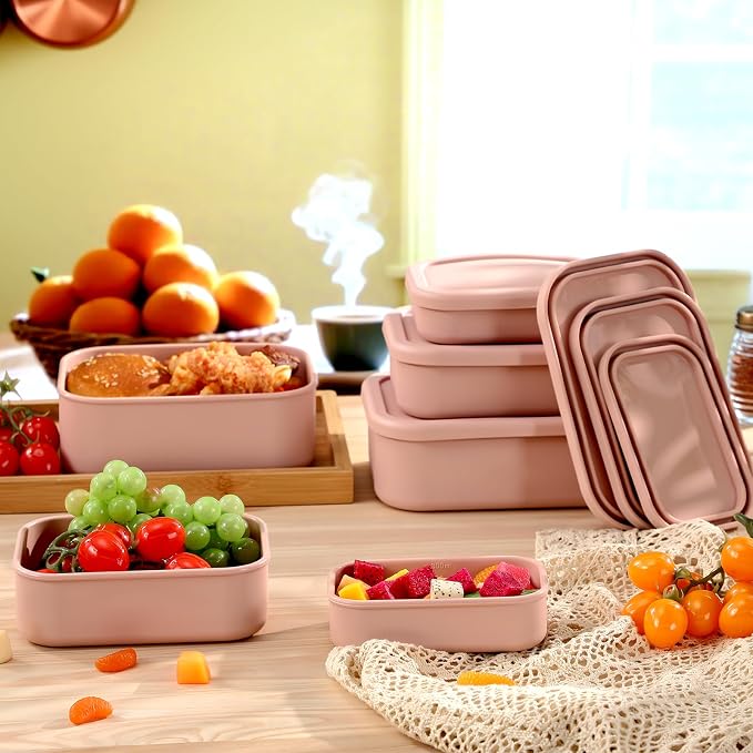 2 Sets of 6 Silicone Food Storage Containers, Reusable Lunch Bento Box with Lid, Hard Shell Storage Containers, Microwave Dishwasher Freezer Safe, 10 oz, 23.6 oz, 44 Ounce(Pink) - Image 4