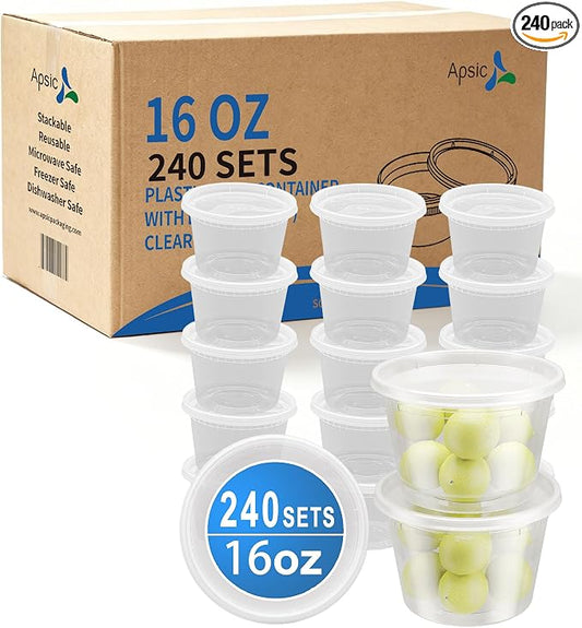Plastic Deli Containers with Lids, 240 Sets 16 oz Leakproof Soup Cups | Complete Sets With Matching Lids, BPA Free PP Material, Leakproof Seal, Microwave & Freezer Safe, Stackable Meal Prep Vessels by Apsic