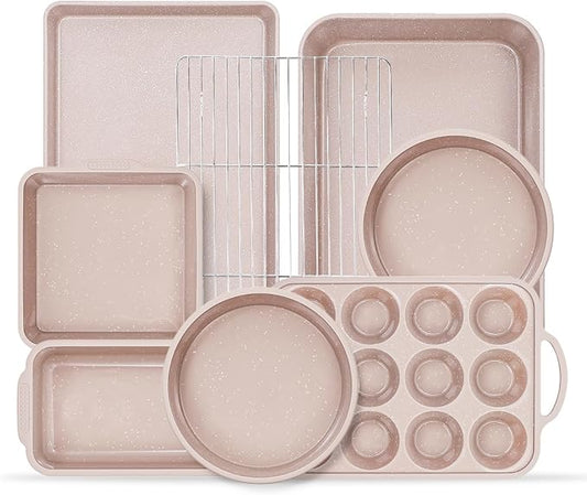 Vinino 8-Piece Baking Pans Set Nonstick, Bakeware Set includes Silicone Muffin, Loaf, Cake Pans with Metal Reinforced Frame, and Carbon Steel Roasting Pan, Cookie Sheet, Cooling rack for Oven by VININO