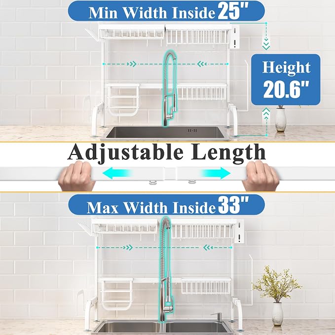 Over The Sink Dish Drying Rack, Adjustable (25.5 to 36.5 inch) 2 Tier Metal Steel Dish Drying Racks for Kitchen Counter with Hooks Paper Towel Utensil Cup Holder Sink Caddy (White) | All-in-One Large Capacity, Snap-On Design for Flexible Use, Strong Me... - Image 3
