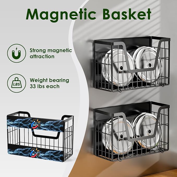 Magnetic Shelf for Fridge, Fruit Basket Magnet Shelves with 2 Hooks | Potato and Onion Storage Bins, Black Magnetic Organizer Side of Fridge Storage, Magnetic Spice Rack for Refrigerator Kitchen - Image 2